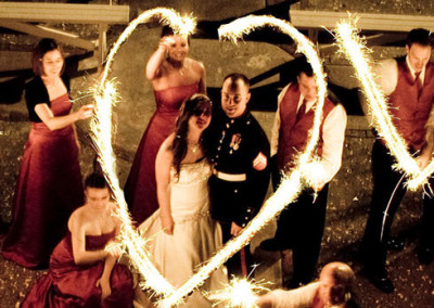 military wedding, heart of sparklers